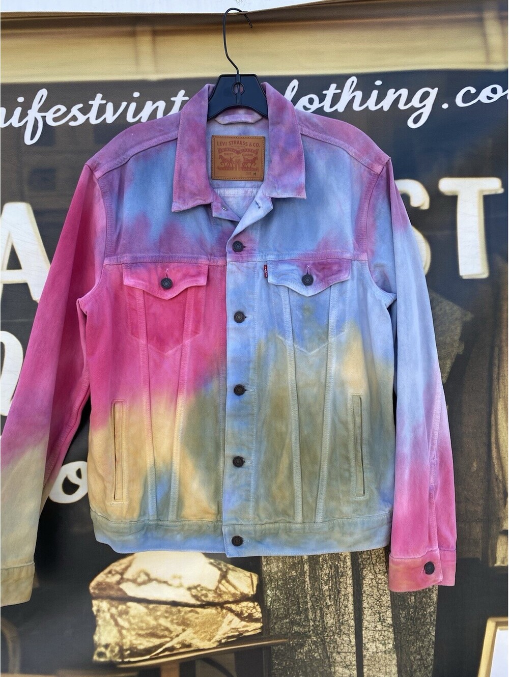 RARE Levis Premium Tie Dye Denim Jacket Pastel Rainbow Wash Mens Size Medium